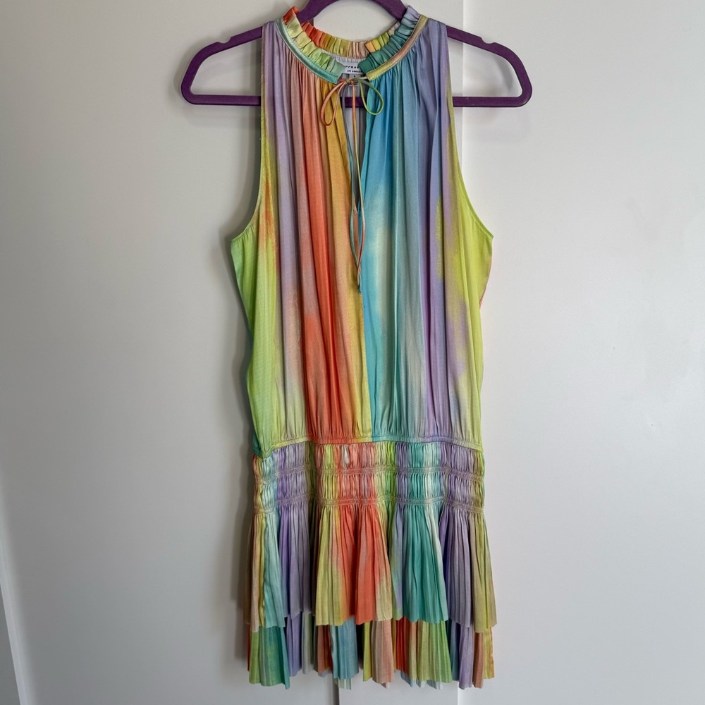 Current Air Los Angeles Cara Pleated Mini Dress Rainbow ๐ Tiered Drop Waist L - Picture 15 of 15
